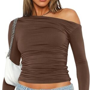 Chocolate Brown Ruched Crop Long Sleeve Tee